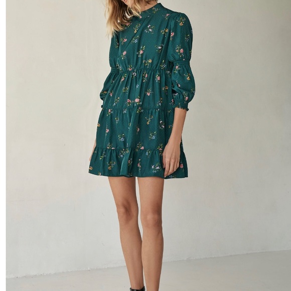 Zara Green Floral Long Sleeve Mini Dress NWT XS - Picture 2 of 12